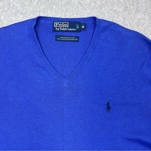 Polo By Ralph Lauren Mens Med Blue Pima Cotton V Neck Long Sleeve Sweater Preppy